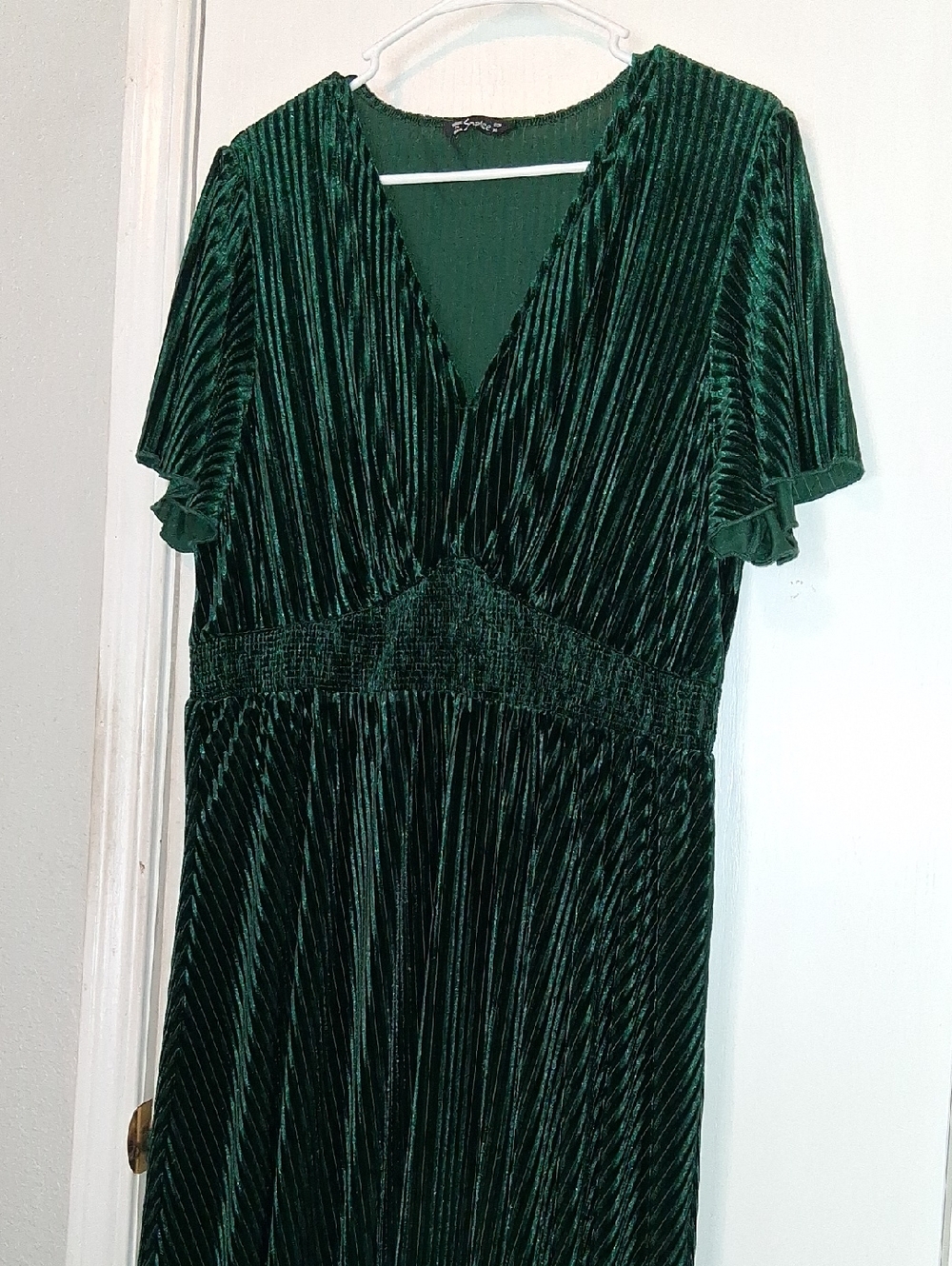Simplee Forest Green Velvet Ribbed Maxi Dress V-neck Flutter Cap Sleeves Sz XL